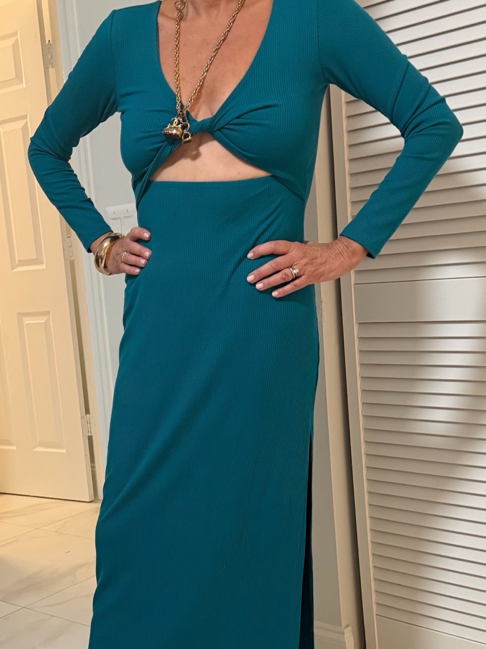 l*space Teal Knot-Front Long Sleeve Maxi Dress